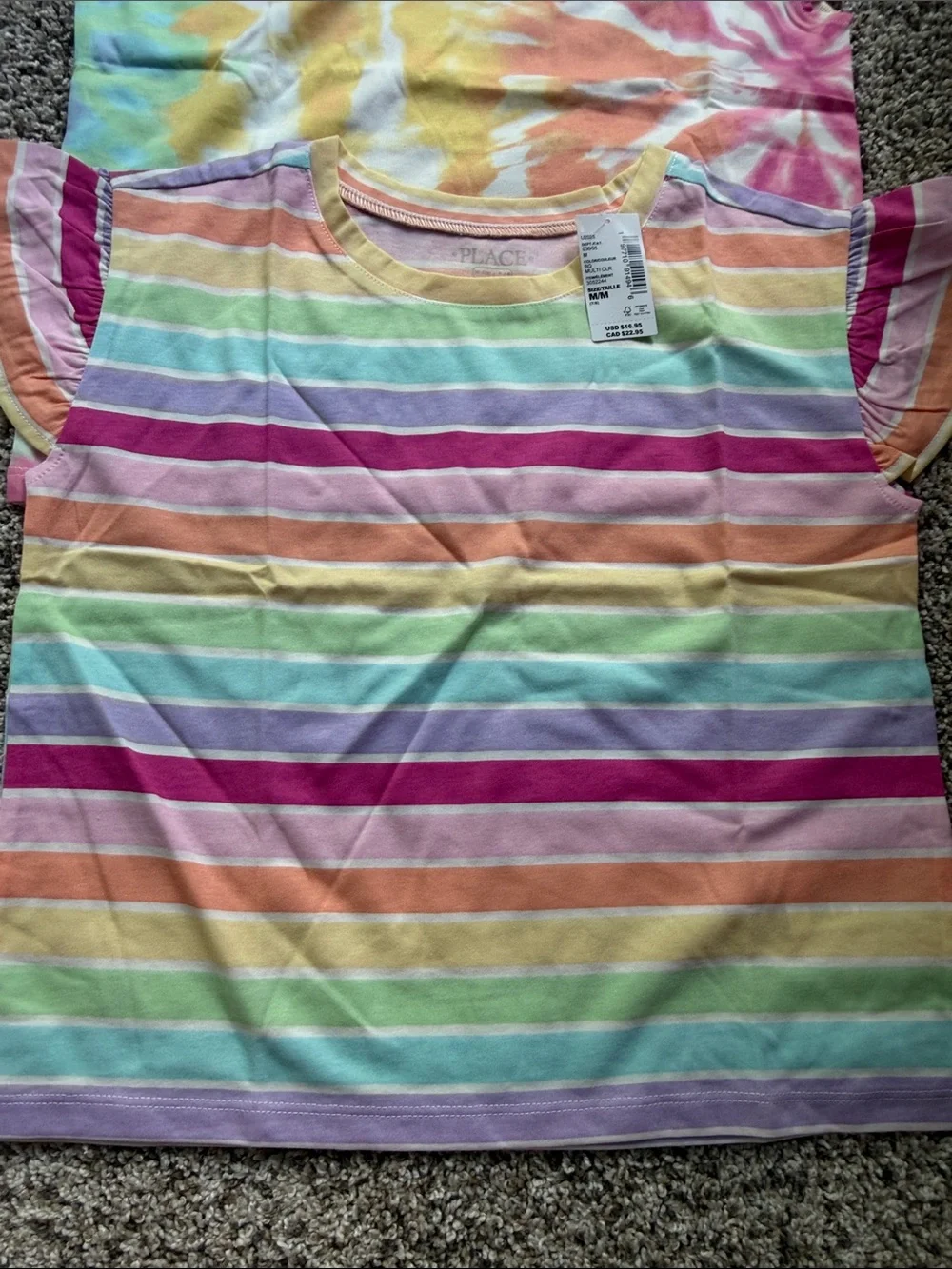 NWT 2 Girls' Rainbow Stripe & Tie-Dye Short Sleeve Tops flutter sleeve size M